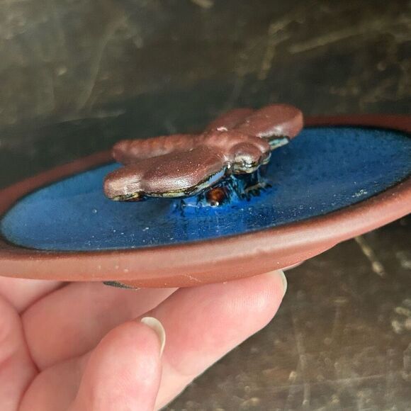 Dragonfly Cobalt Glazed Pottery Incense Holder Trinket Dish - Picture 4 of 6